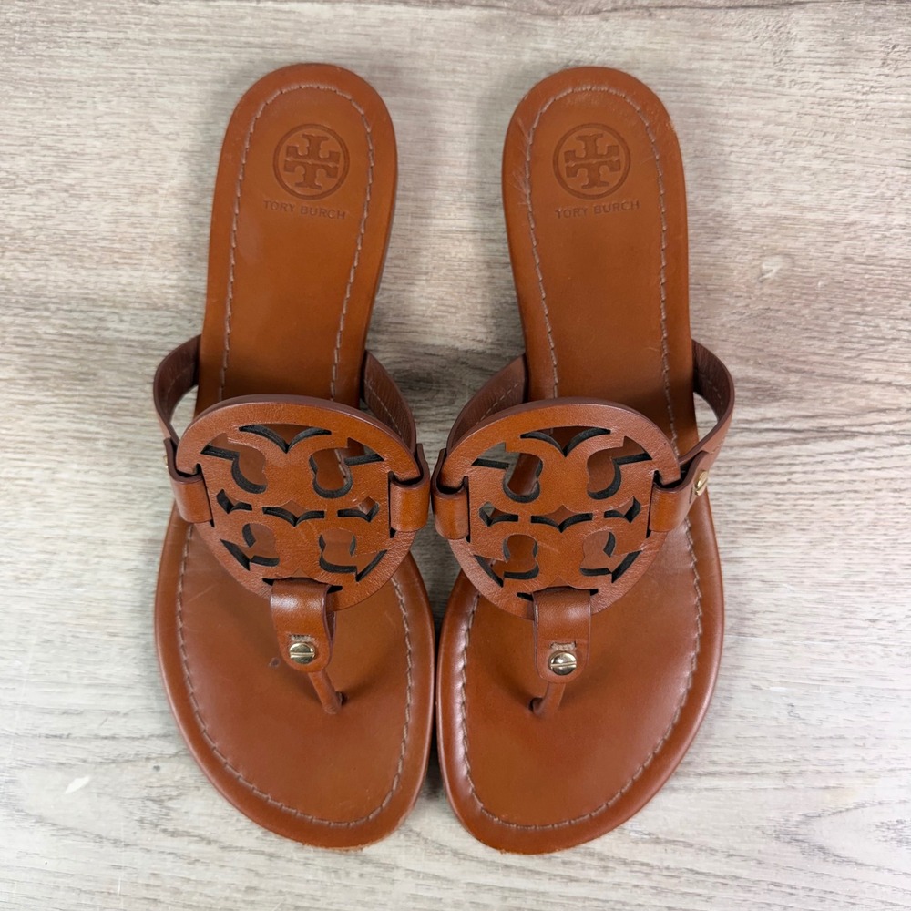 Tory Burch Miller Leather Logo Thong Sandals Tan Womens 9.5 - Picture 5 of 7